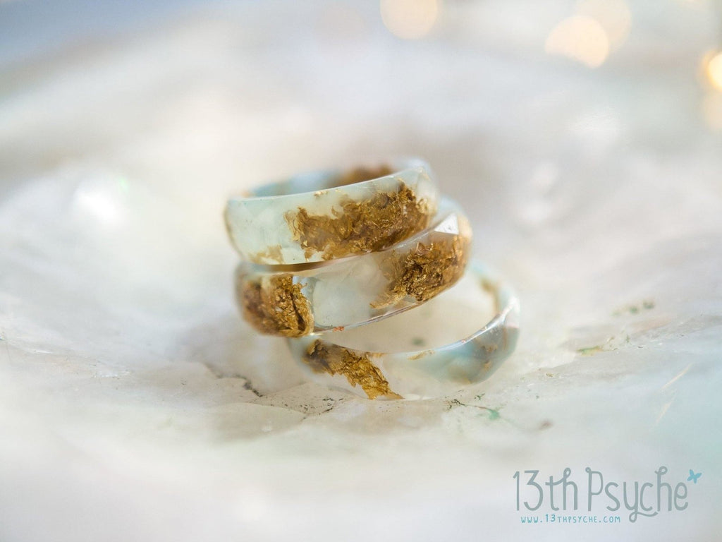 Handmade Clear and Pale blue faceted resin ring with gold flakes - 13th Psyche