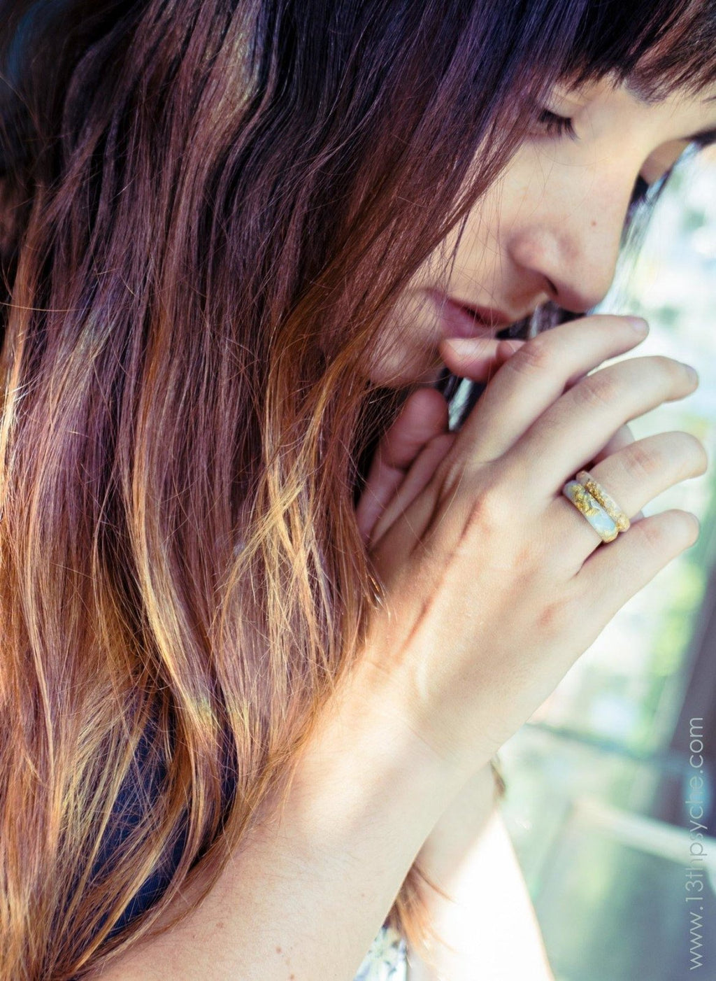 Handmade Clear and Pale blue faceted resin ring with gold flakes - 13th Psyche
