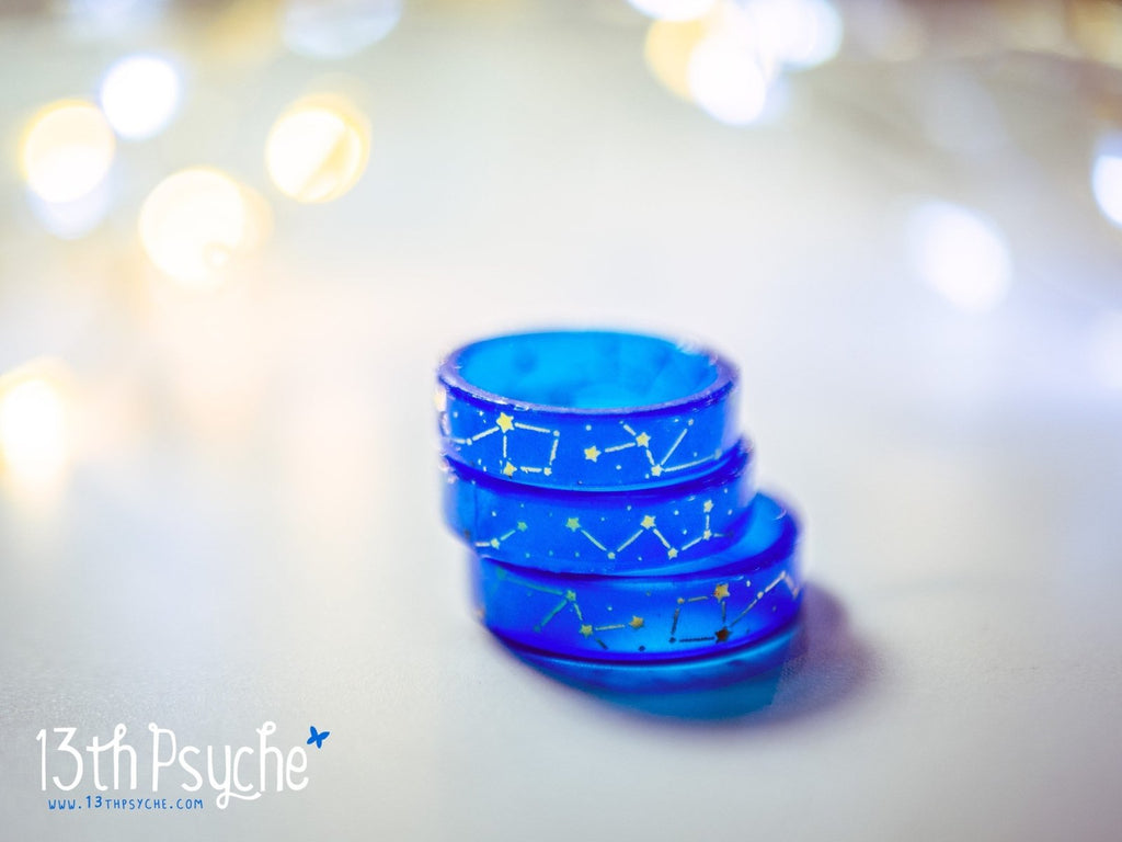 Handmade Star constellations blue resin ring - 13th Psyche
