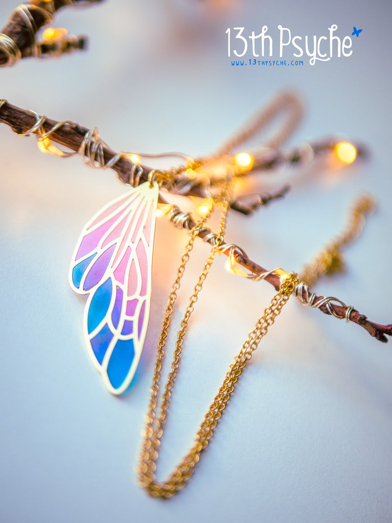 Handmade Stained glass inspired fairy wing pendant necklace - 13th Psyche