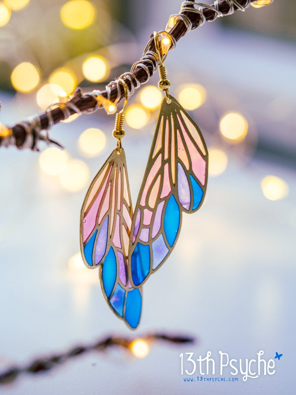 Handmade Stained glass inspired fairy wing earrings - 13th Psyche