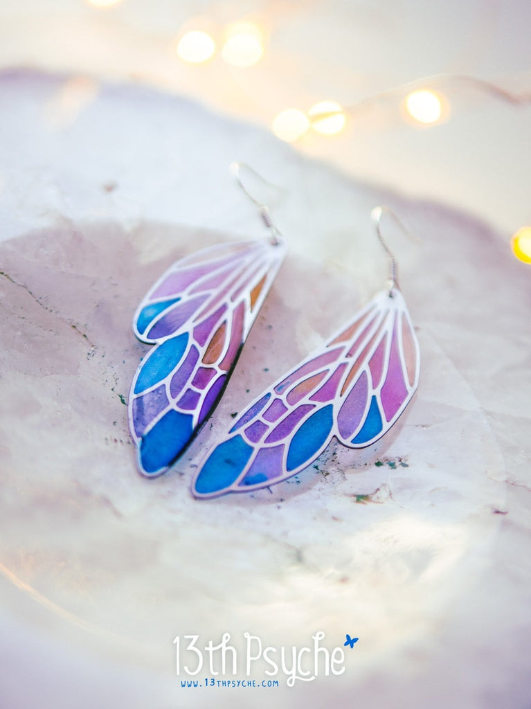 Handmade Stained glass inspired fairy wing earrings - 13th Psyche