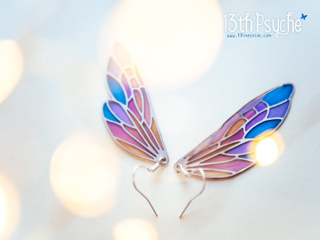 Handmade Stained glass inspired fairy wing earrings - 13th Psyche