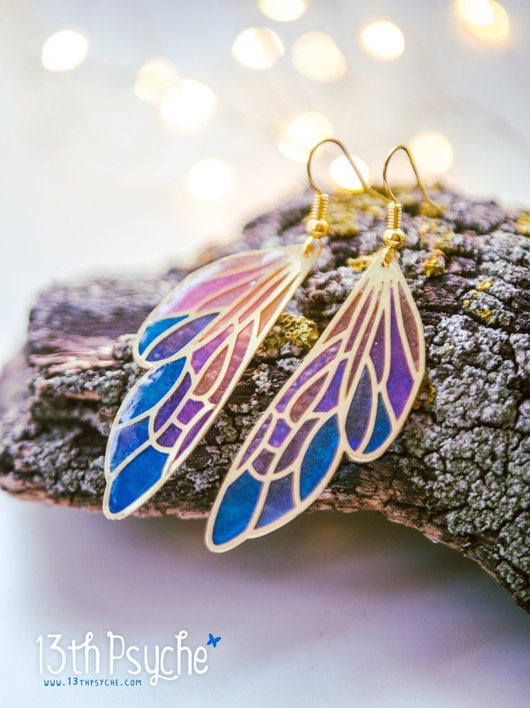 Handmade Stained glass inspired fairy wing earrings - 13th Psyche