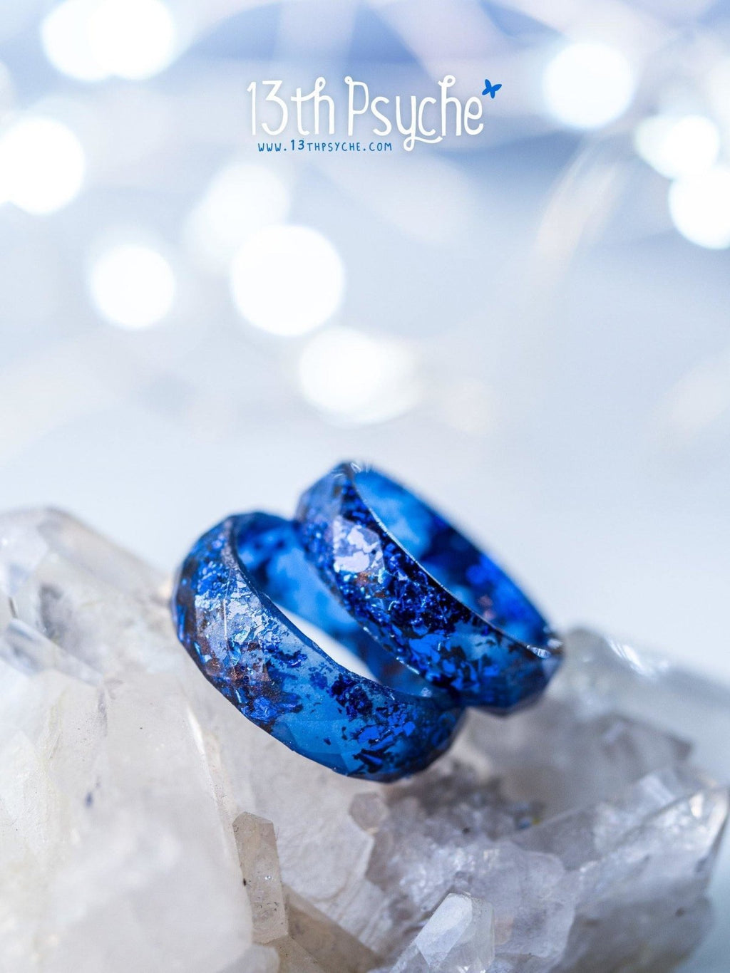 Handmade Blue and metallic blue flakes faceted resin ring - 13th Psyche