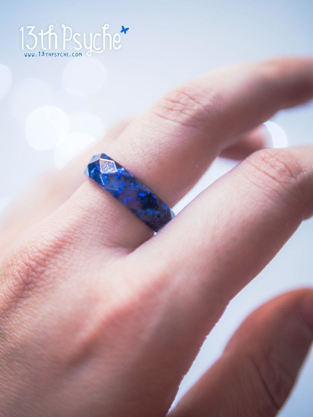 Handmade Blue and metallic blue flakes faceted resin ring - 13th Psyche