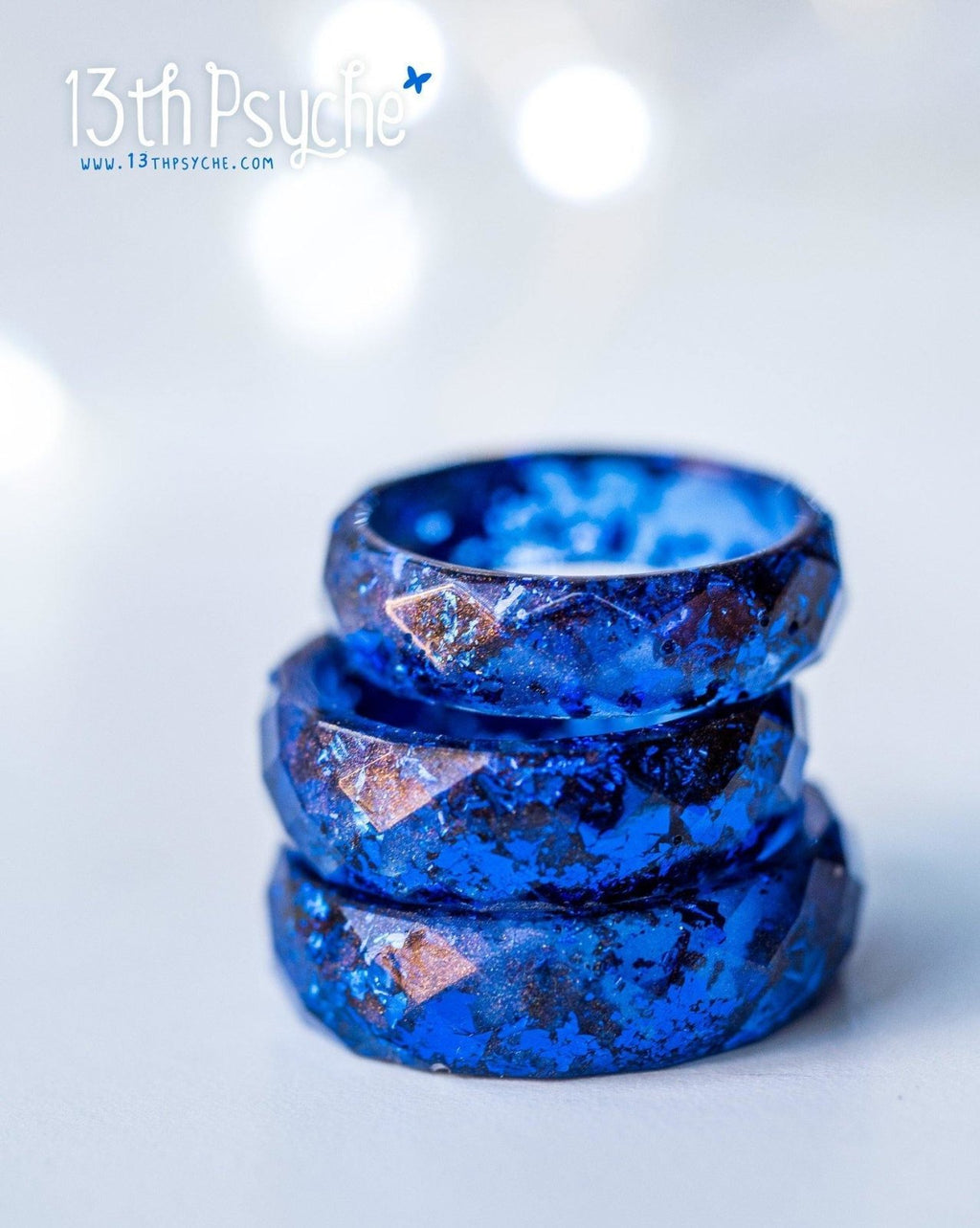 Handmade Blue and metallic blue flakes faceted resin ring - 13th Psyche