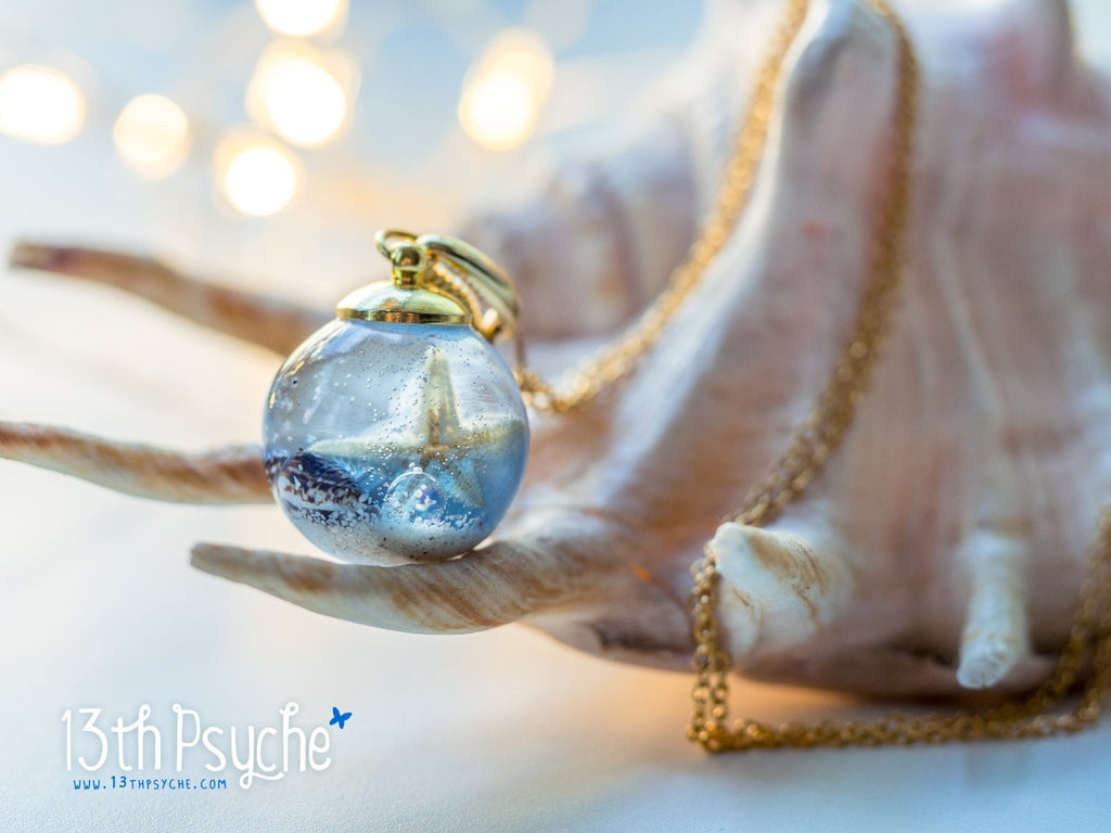 Handmade Ocean inspired Starfish and shells resin ball necklace - 13th Psyche