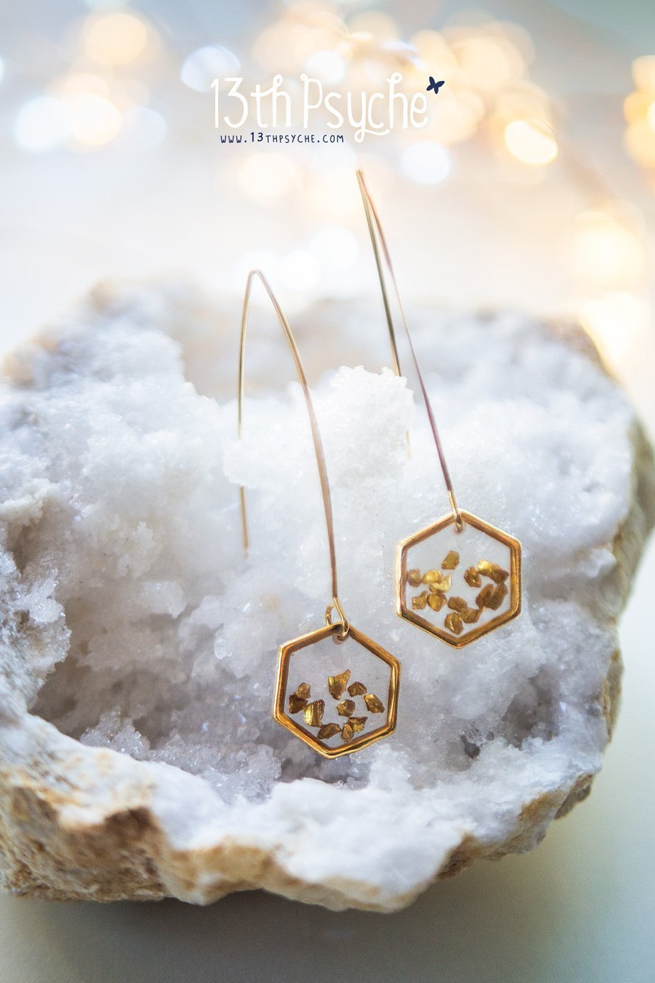 Handmade Gold honeycomb hexagon resin earrings - 13th Psyche