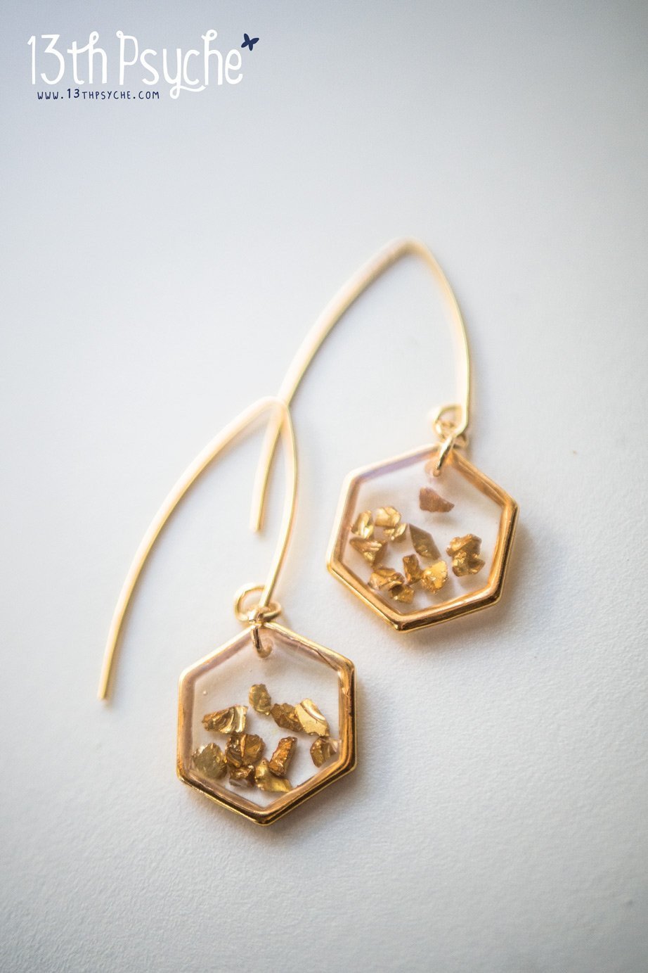 Handmade Gold honeycomb hexagon resin earrings - 13th Psyche