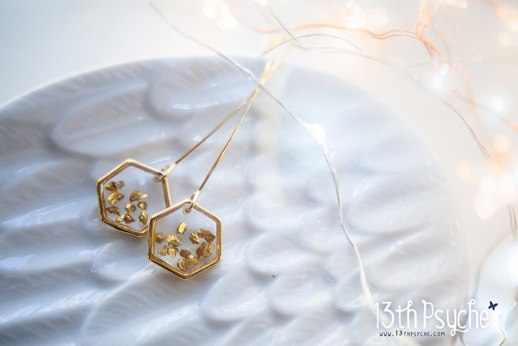 Handmade Gold honeycomb hexagon resin earrings - 13th Psyche