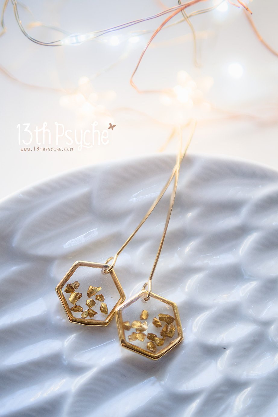 Handmade Gold honeycomb hexagon resin earrings - 13th Psyche