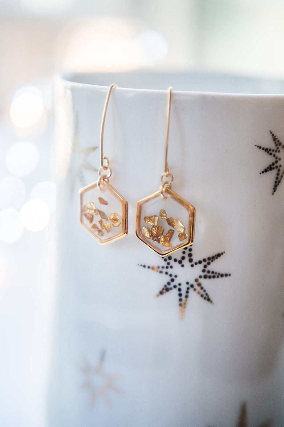 Handmade Gold honeycomb hexagon resin earrings - 13th Psyche