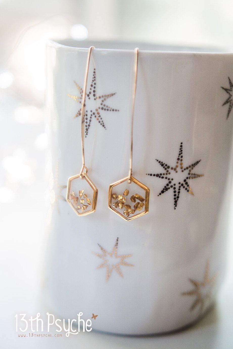 Handmade Gold honeycomb hexagon resin earrings - 13th Psyche