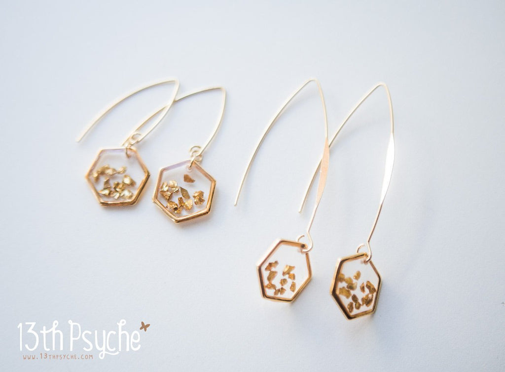 Handmade Gold honeycomb hexagon resin earrings - 13th Psyche