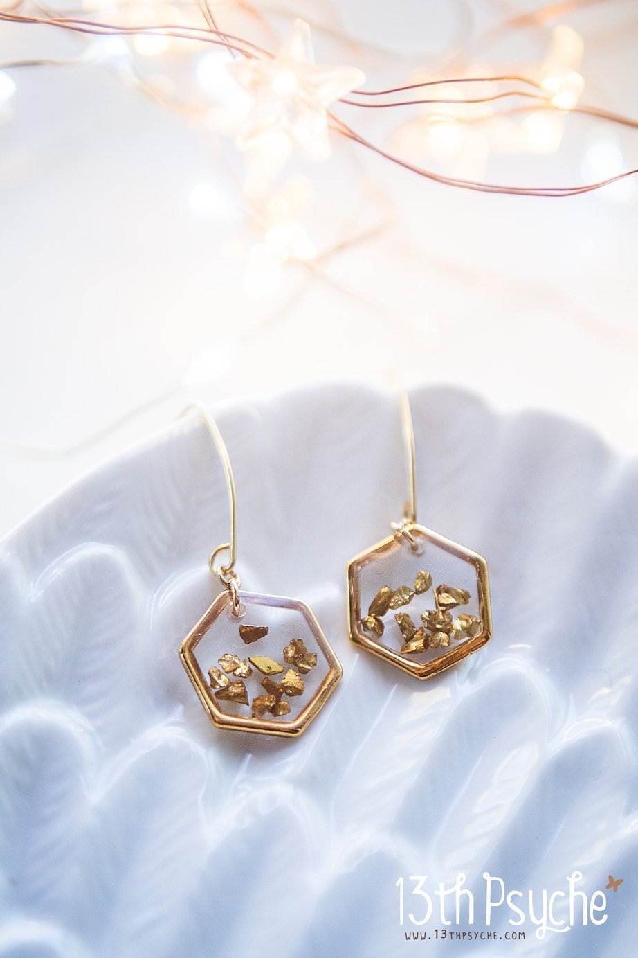 Handmade Gold honeycomb hexagon resin earrings - 13th Psyche