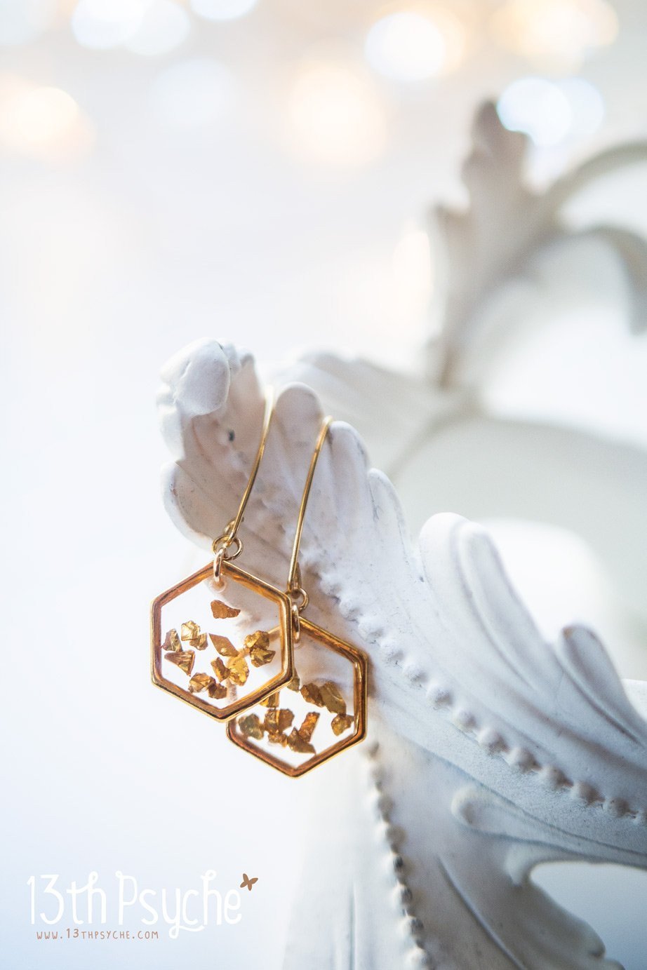 Handmade Gold honeycomb hexagon resin earrings - 13th Psyche