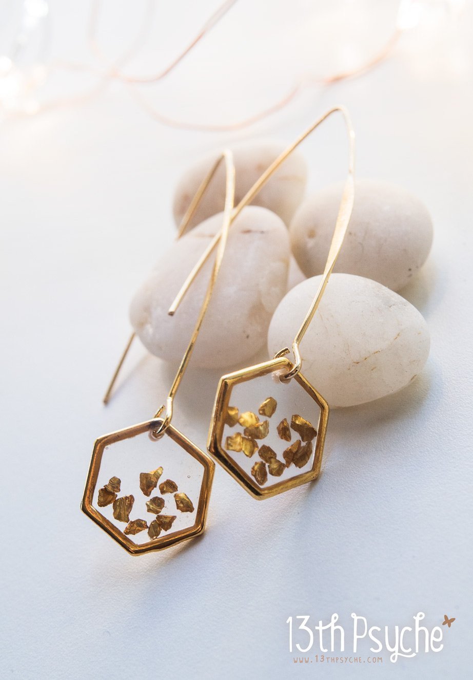 Handmade Gold honeycomb hexagon resin earrings - 13th Psyche