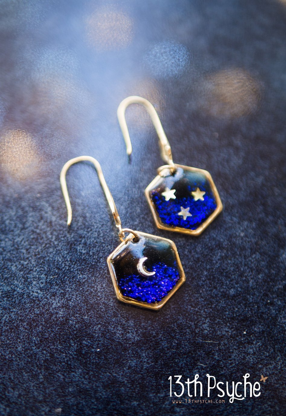 Handmade Gold moon and stars hexagon earrings - 13th Psyche