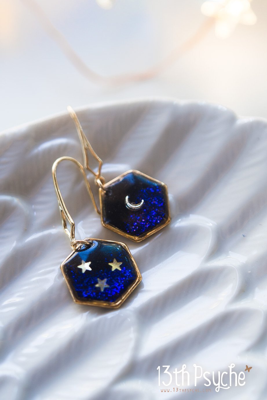 Handmade Gold moon and stars hexagon earrings - 13th Psyche