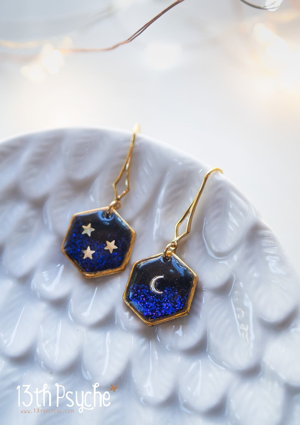Handmade Gold moon and stars hexagon earrings - 13th Psyche