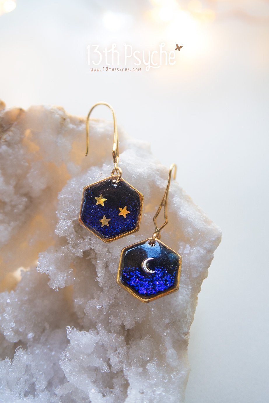 Handmade Gold moon and stars hexagon earrings - 13th Psyche