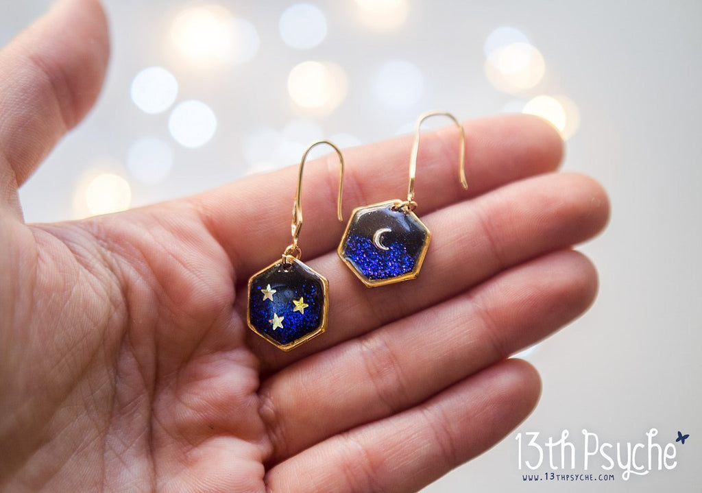 Handmade Gold moon and stars hexagon earrings - 13th Psyche