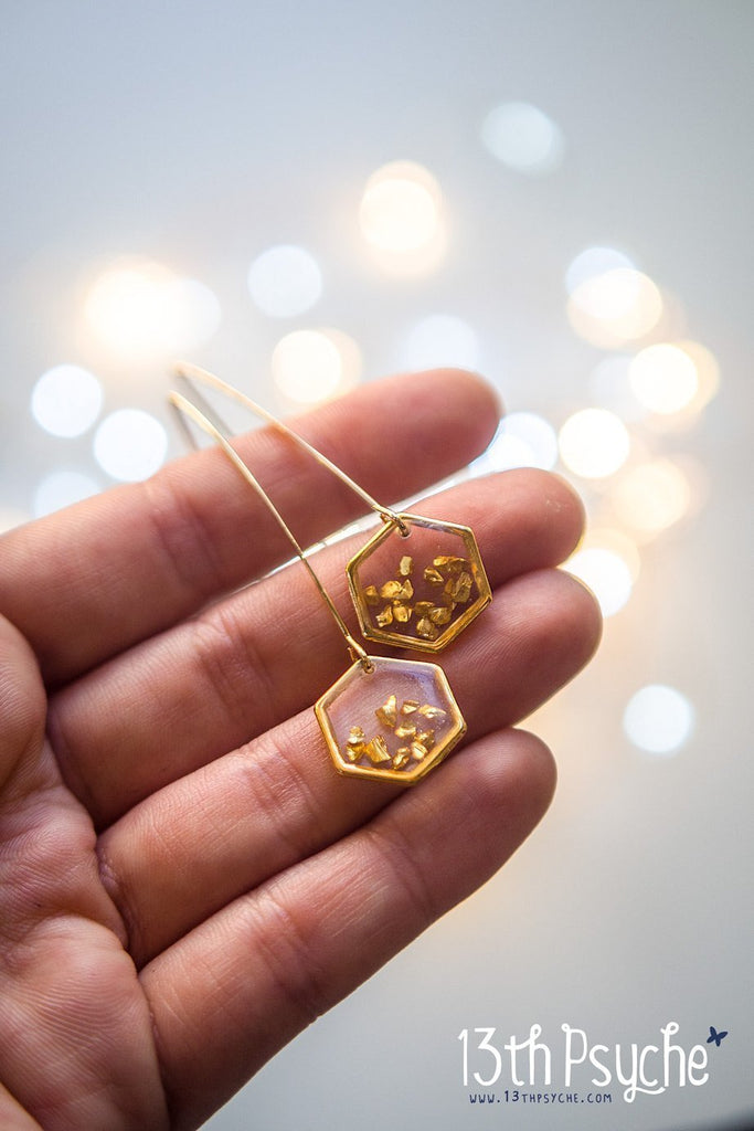 Handmade Gold honeycomb hexagon resin earrings - 13th Psyche