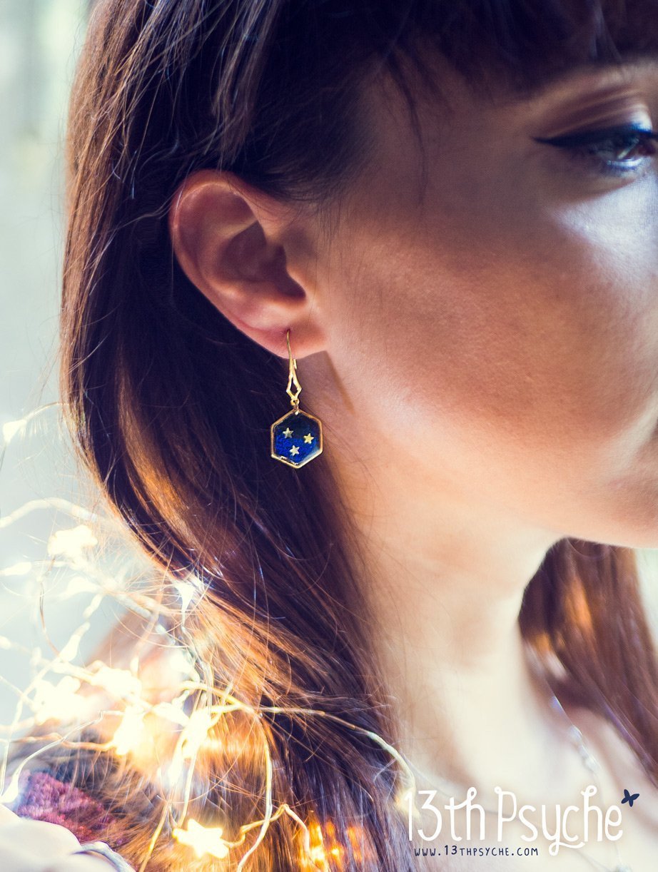 Handmade Gold moon and stars hexagon earrings - 13th Psyche
