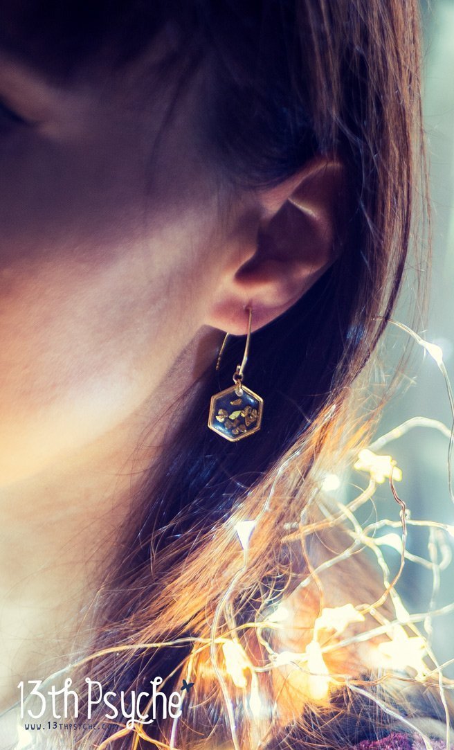 Handmade Gold honeycomb hexagon resin earrings - 13th Psyche