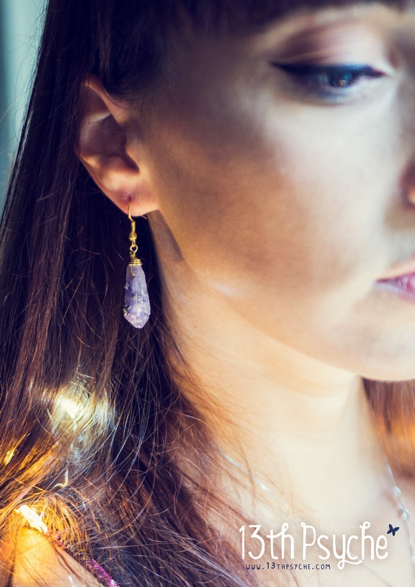 Handmade Purple raw stone earrings with silver stars - 13th Psyche