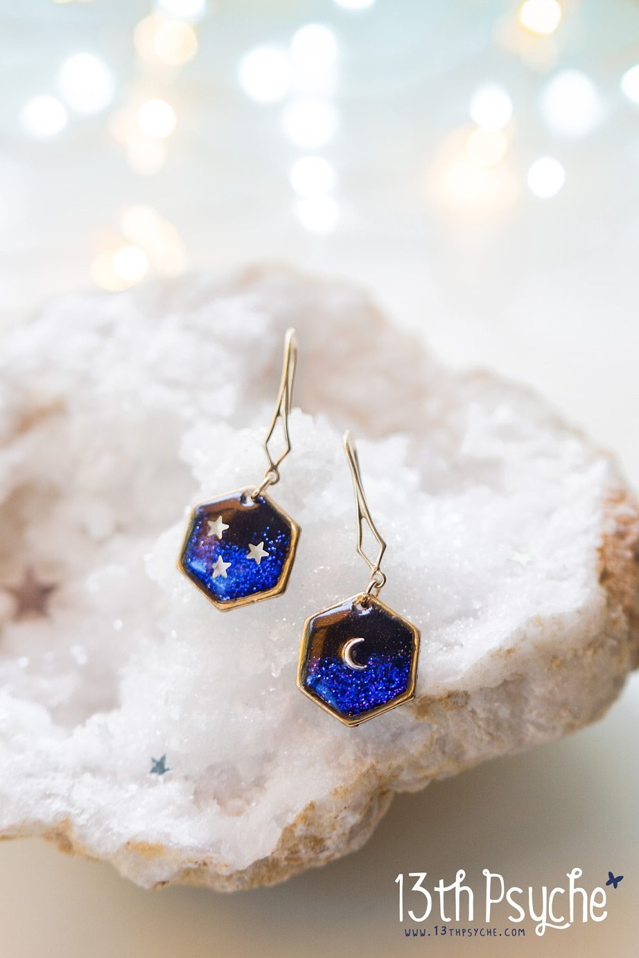 Handmade Gold moon and stars hexagon earrings - 13th Psyche