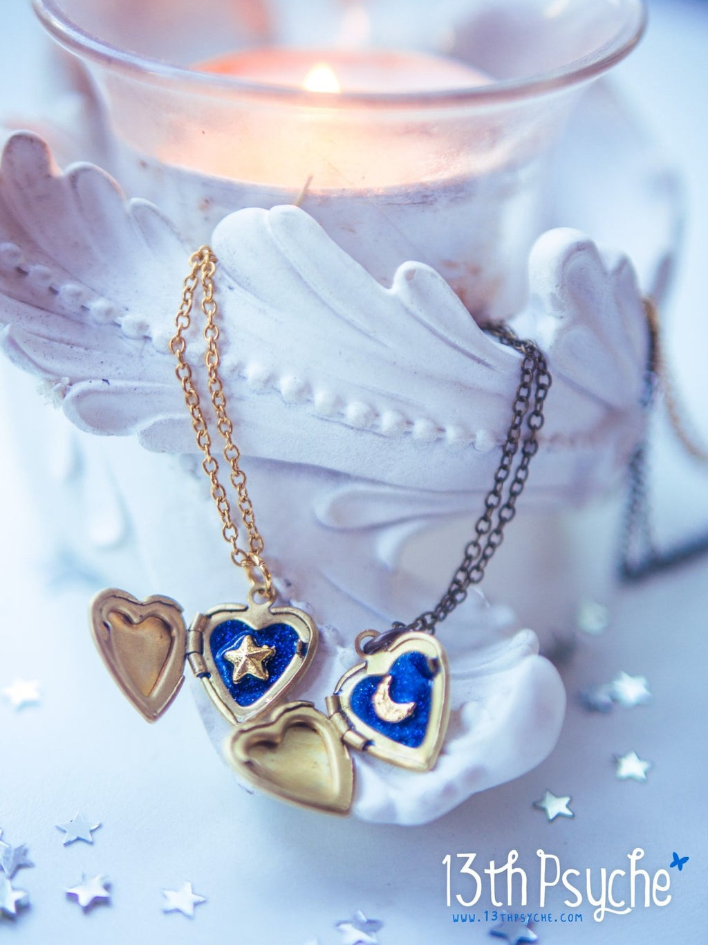 Handmade Moon and Stars Heart locket pendant necklace - 13th Psyche