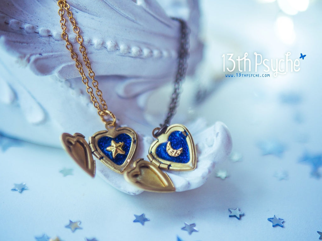 Handmade Moon and Stars Heart locket pendant necklace - 13th Psyche