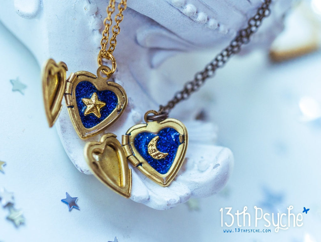 Handmade Moon and Stars Heart locket pendant necklace - 13th Psyche