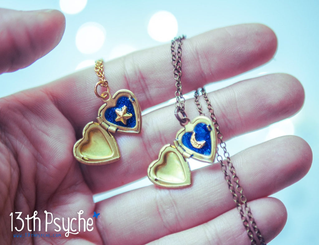 Handmade Moon and Stars Heart locket pendant necklace - 13th Psyche