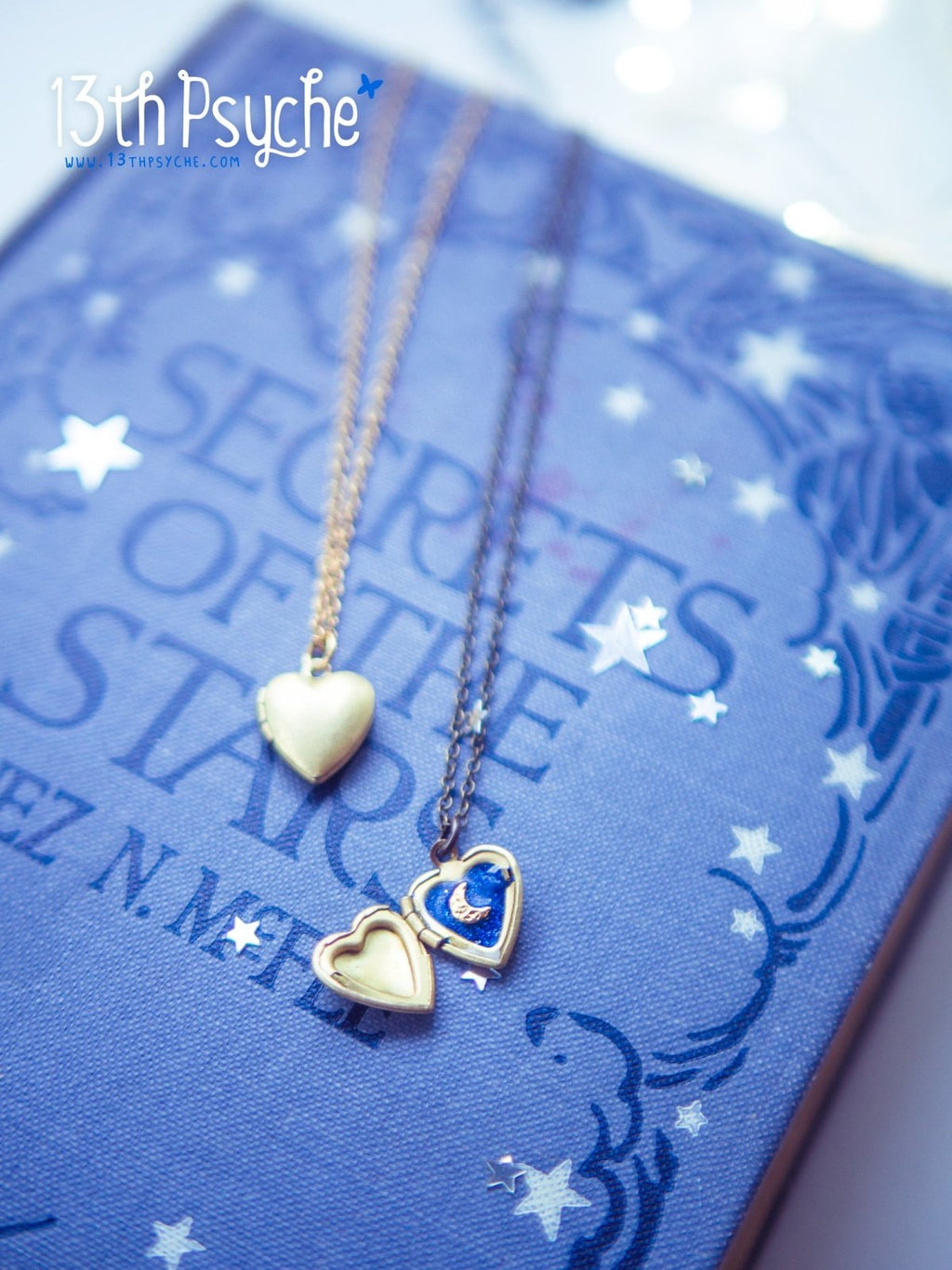 Handmade Moon and Stars Heart locket pendant necklace - 13th Psyche