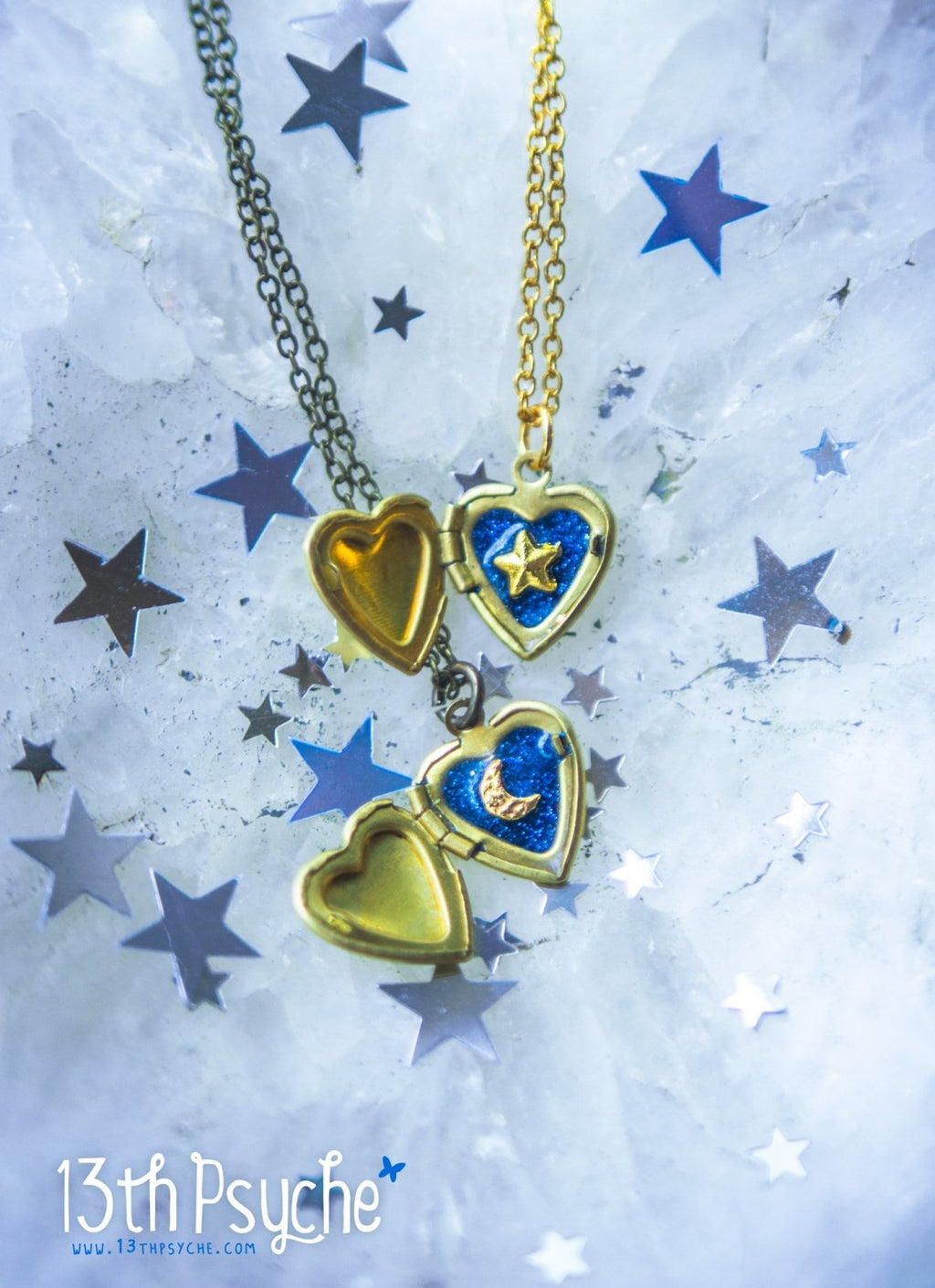 Handmade Moon and Stars Heart locket pendant necklace - 13th Psyche