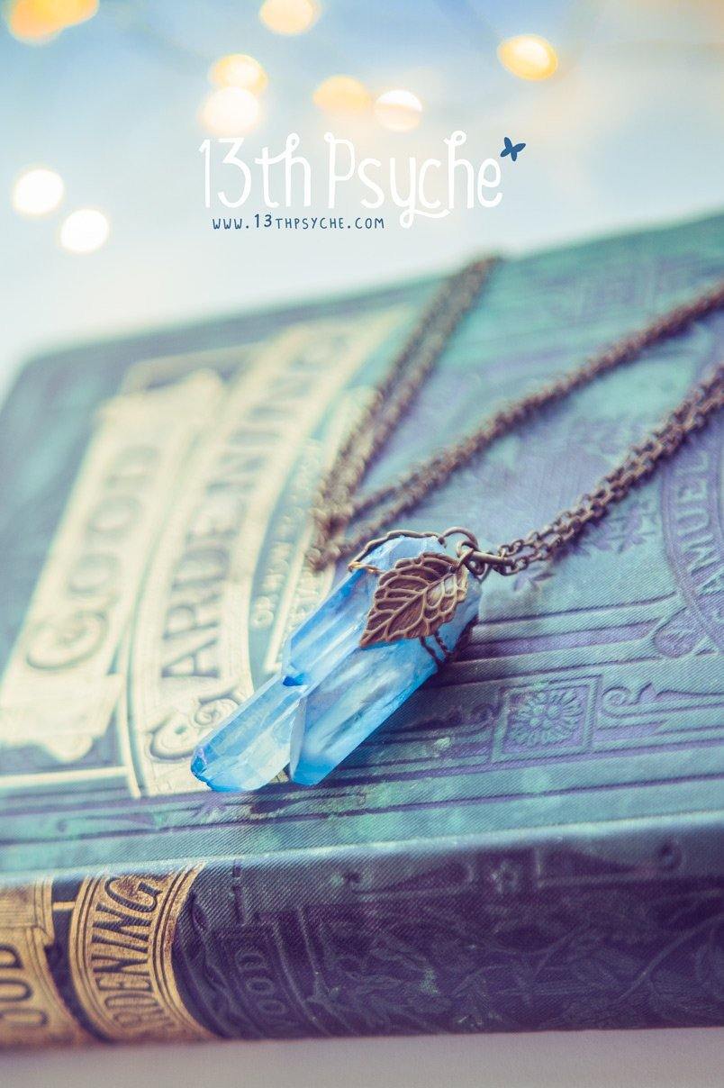 Handmade Colorful raw quartz crystal point pendant necklace with leaves - 13th Psyche