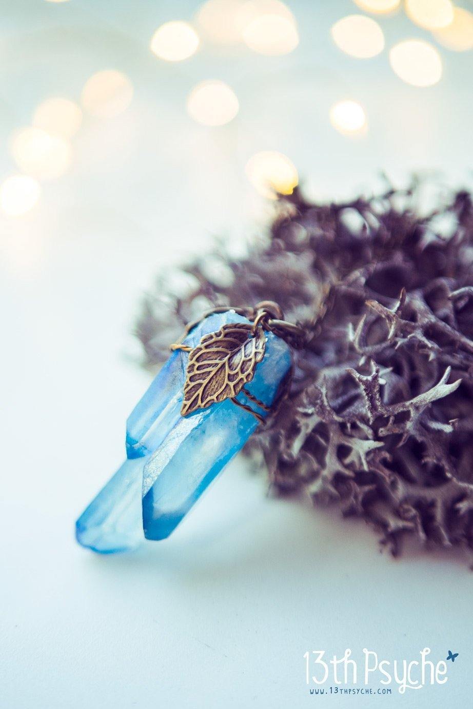 Handmade Colorful raw quartz crystal point pendant necklace with leaves - 13th Psyche