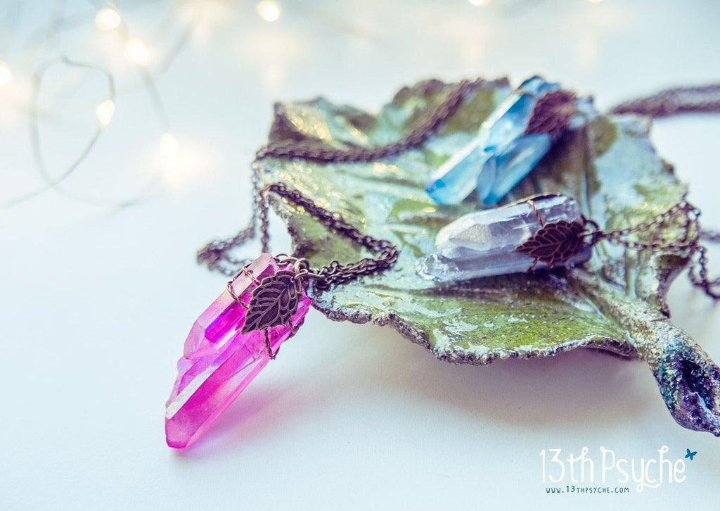 Handmade Colorful raw quartz crystal point pendant necklace with leaves - 13th Psyche