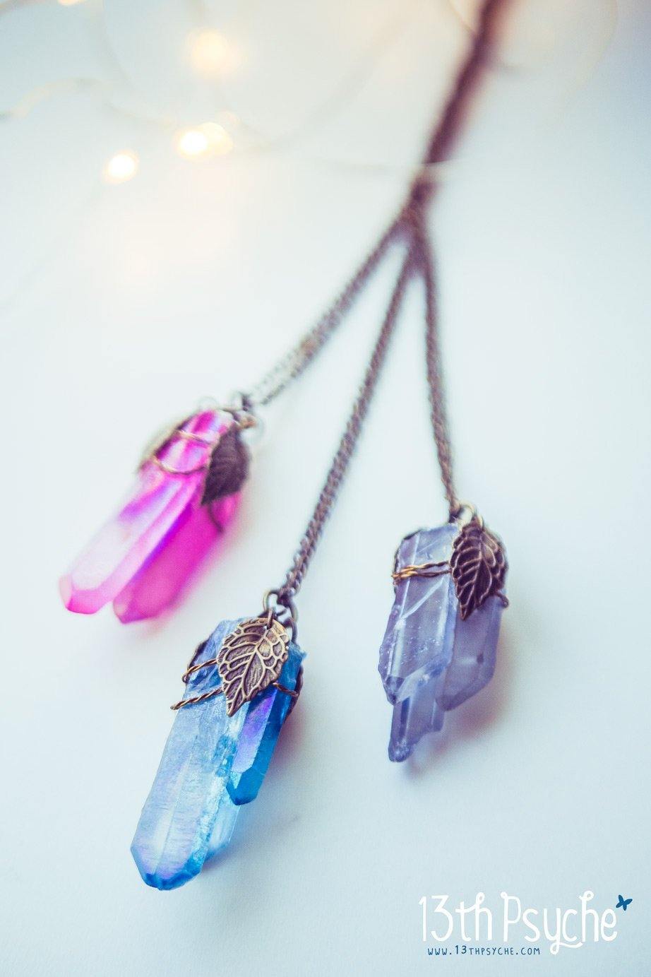 Handmade Colorful raw quartz crystal point pendant necklace with leaves - 13th Psyche