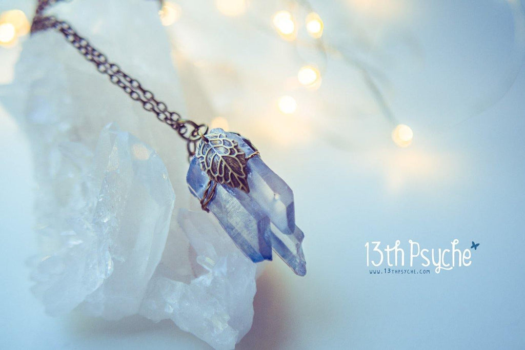 Handmade Colorful raw quartz crystal point pendant necklace with leaves - 13th Psyche
