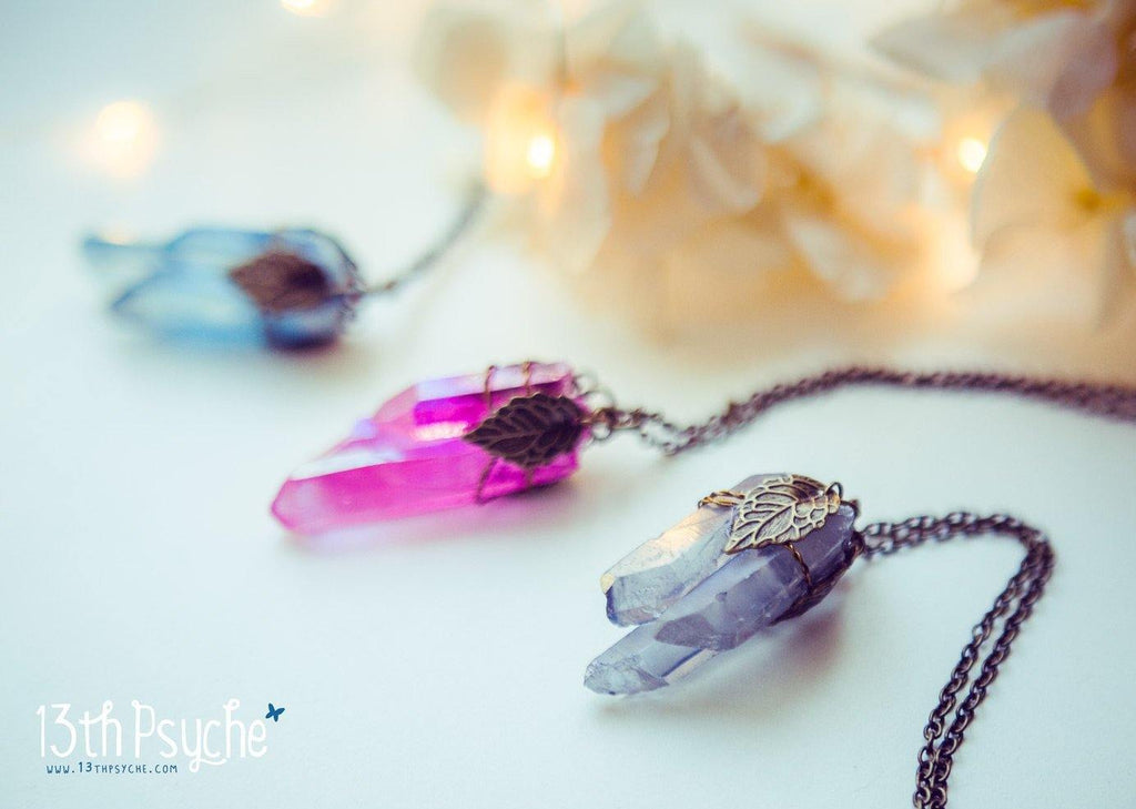 Handmade Colorful raw quartz crystal point pendant necklace with leaves - 13th Psyche