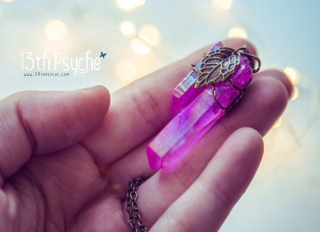 Handmade Colorful raw quartz crystal point pendant necklace with leaves - 13th Psyche