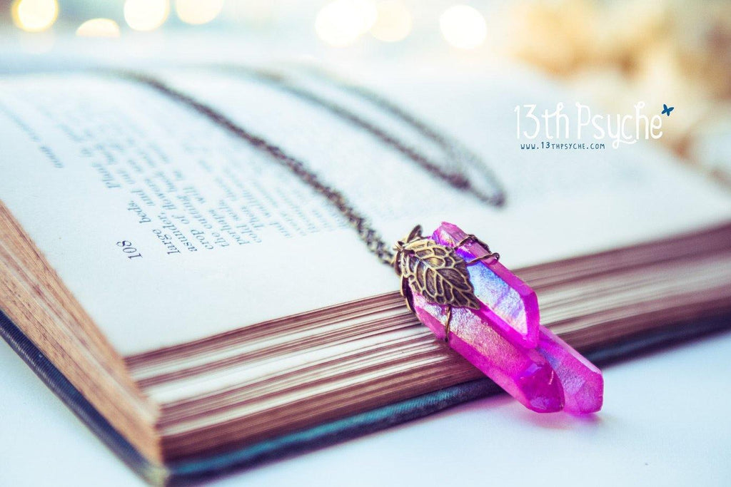 Handmade Colorful raw quartz crystal point pendant necklace with leaves - 13th Psyche