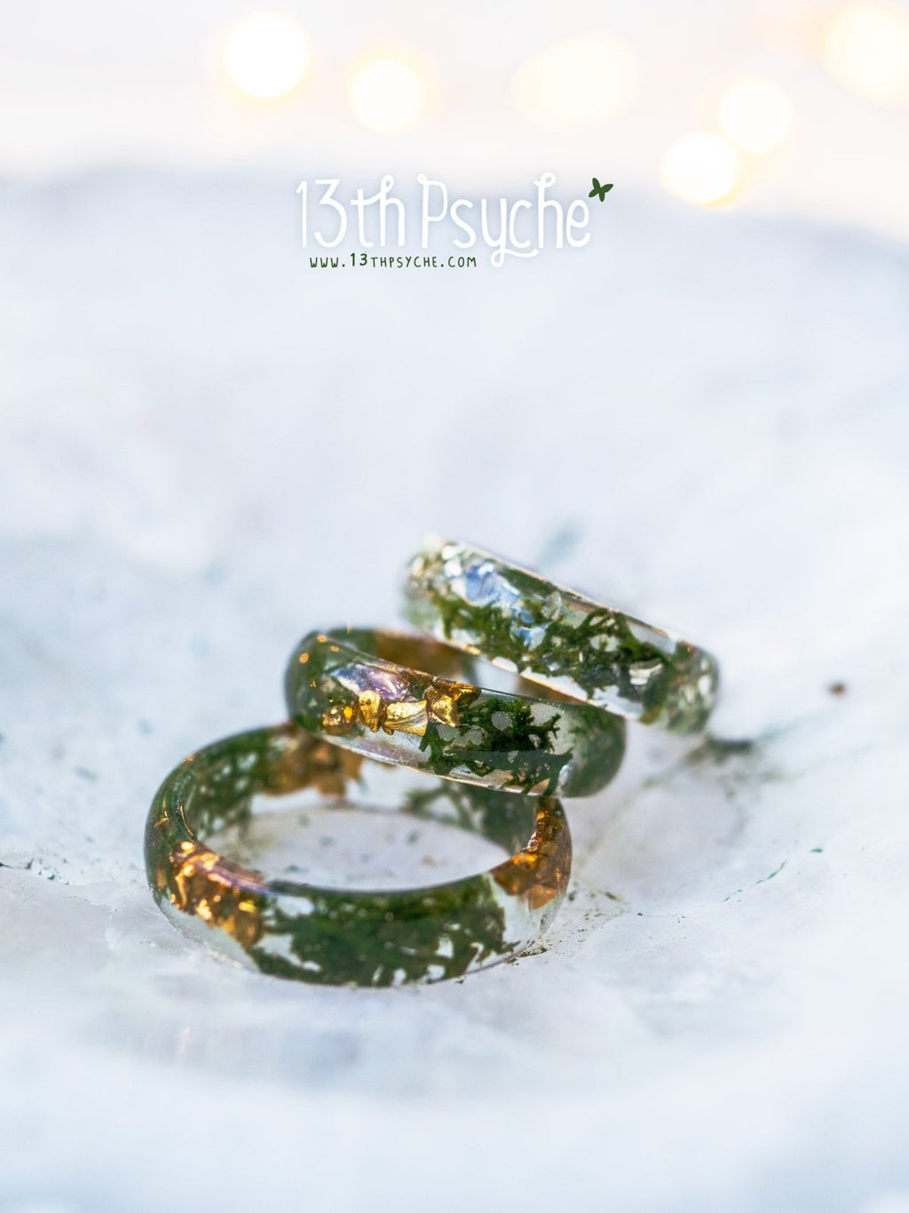 Handmade Real moss and metallic stones resin ring - 13th Psyche