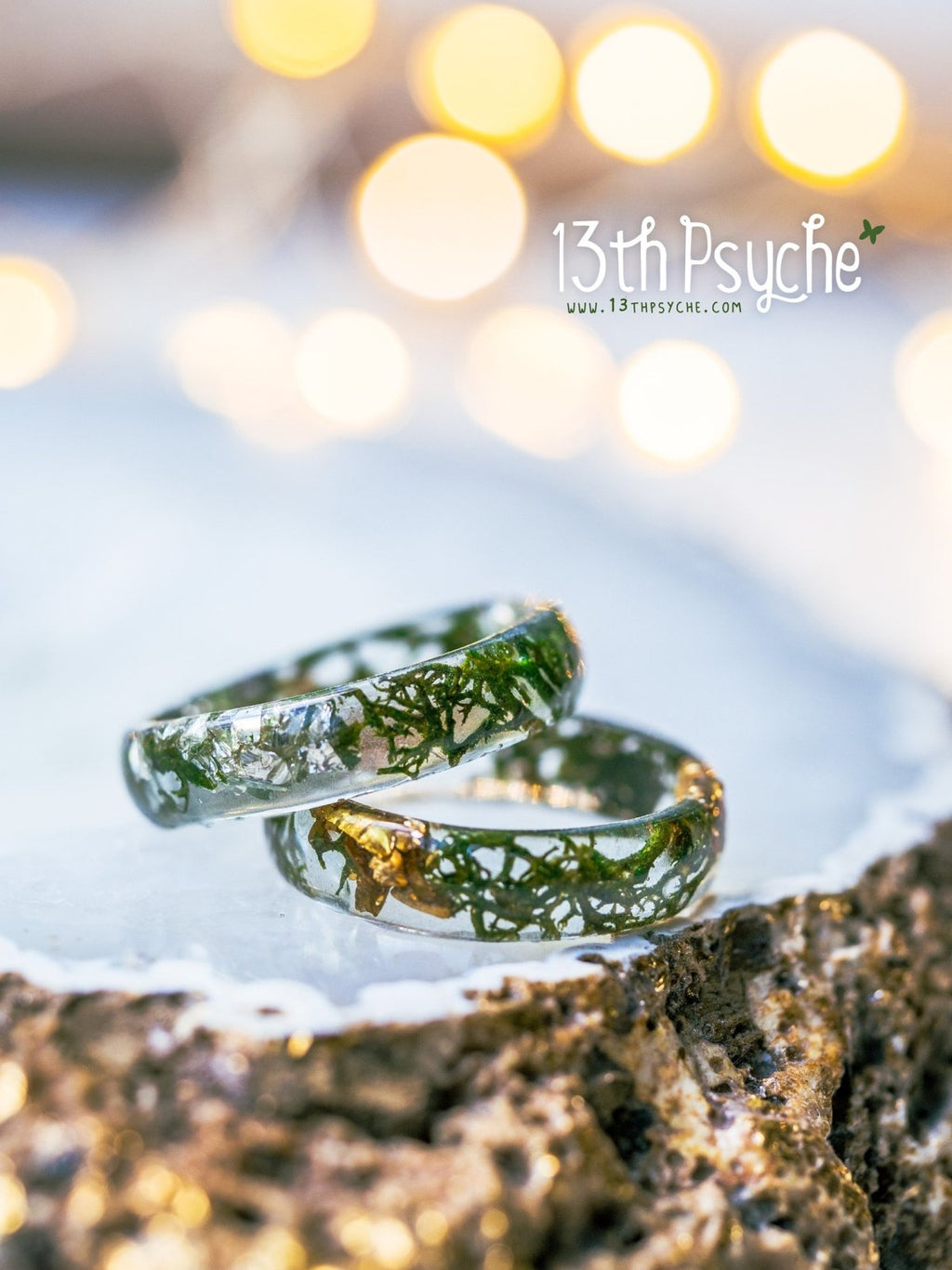 Handmade Real moss and metallic stones resin ring - 13th Psyche