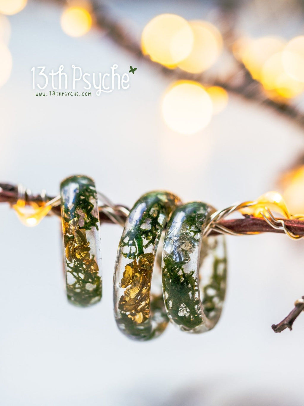 Handmade Real moss and metallic stones resin ring - 13th Psyche