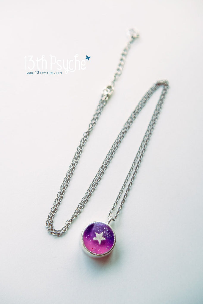 Handmade Purple and pink star cameo pendant necklace - 13th Psyche